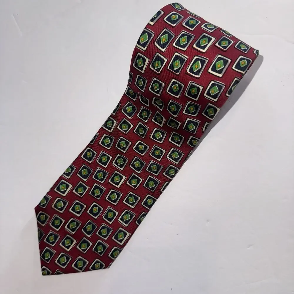 Lands’ End 100% Silk Tie Red Geometric Print Hand Sewn USA Vintage Mens Necktie